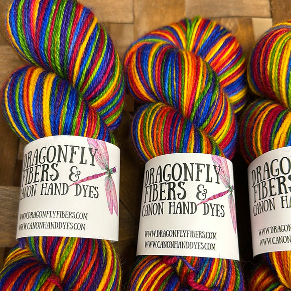 Rainbow Connection, a six color Self-Striping Yarn; Eleanor Corriedale Wool Fingering Weight Yarn